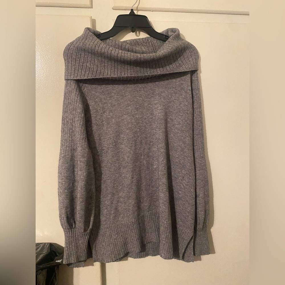 Anthropologie Gray Off-the-Shoulder Ribbed Cowl Sweater